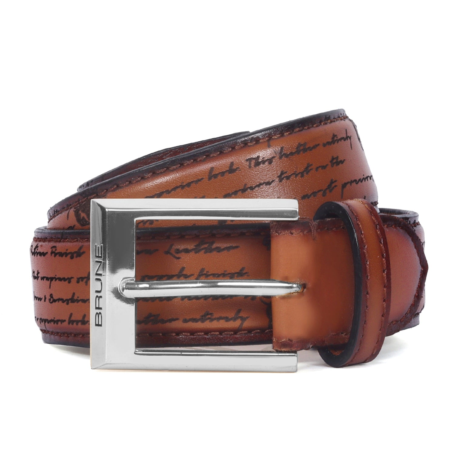 Brune & Bareskin Brand Logo Buckle Belt in Tan Genuine Leather