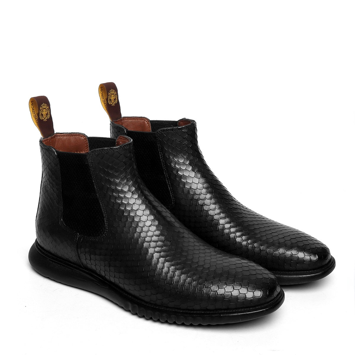 komplet sne hvid Mindre Black Snake Skin Textured Leather Chelsea Boot with Hand scaling and L