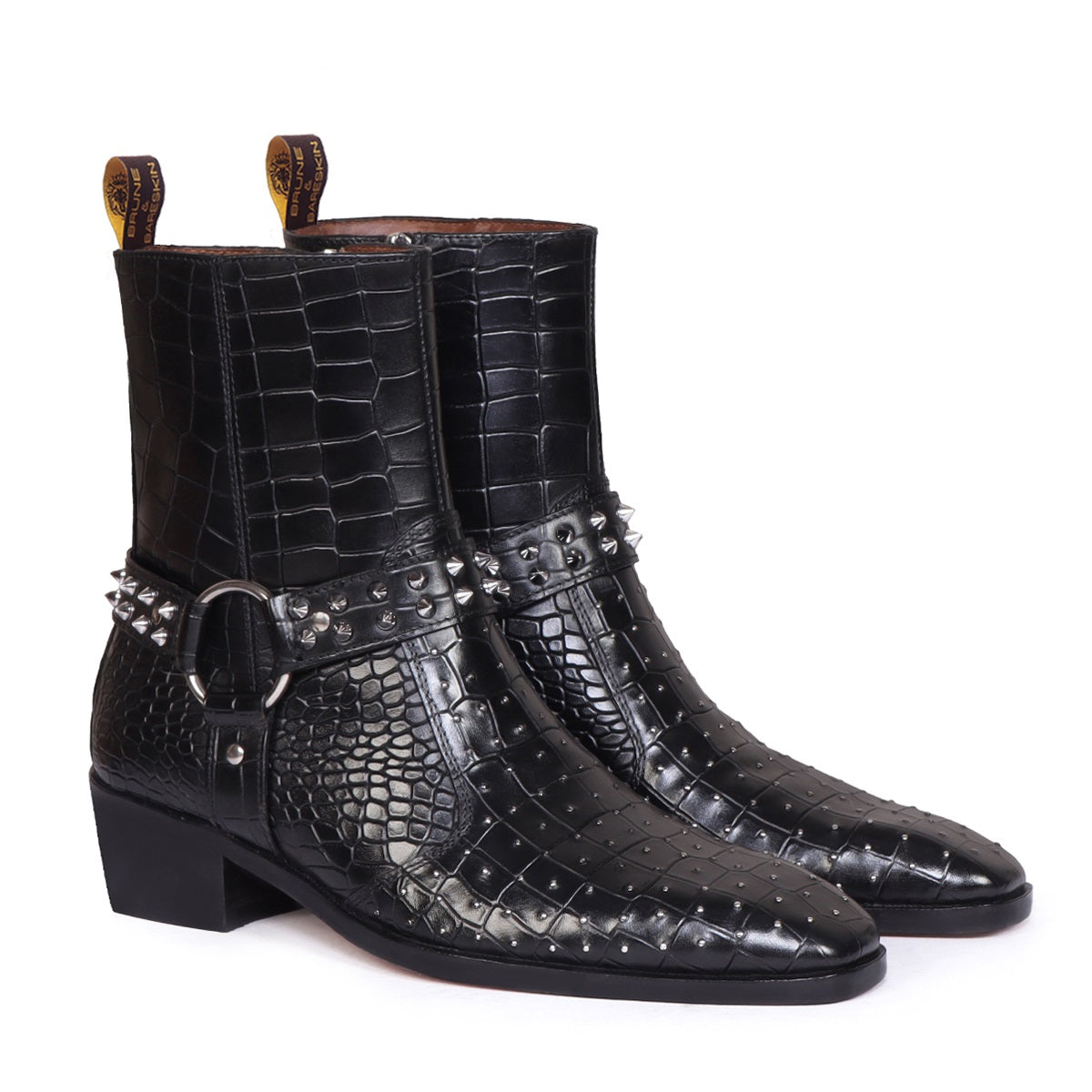 Black Deep Cut Leather Boots with Cuban Heel Metal Fleck Silver Stud