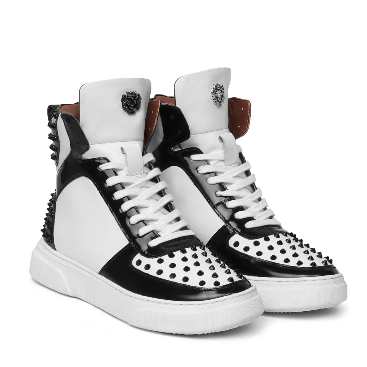 Studded White Leather Sneakers with Patent Leather Detailing