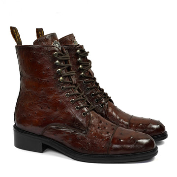 Cognac High Ankle Boot in Exotic Real Ostrich Leather