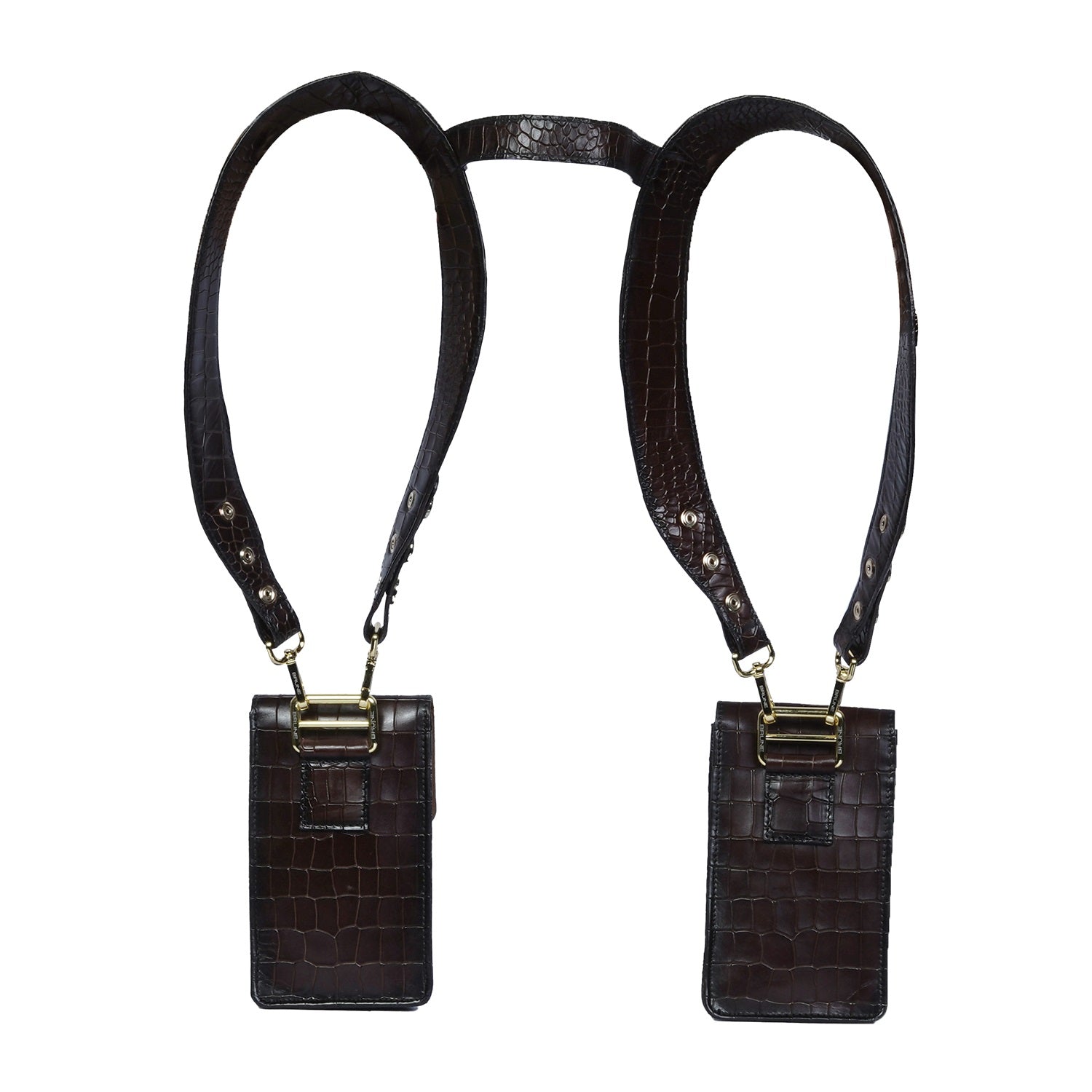 Shoulder Harness Bag in Dark Brown Croco Embossed Textured Leather