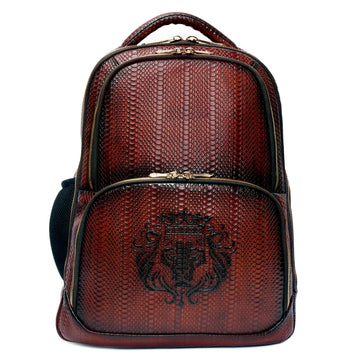 Brown Snake Skin-Textured Leather Backpack with Multi-Utility Design