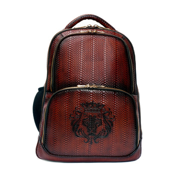 Brown Snake Skin-Textured Leather Backpack with Multi-Utility Design