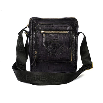 Medium Sized Crossbody Bag in Dark Grey Deep Cut Leather