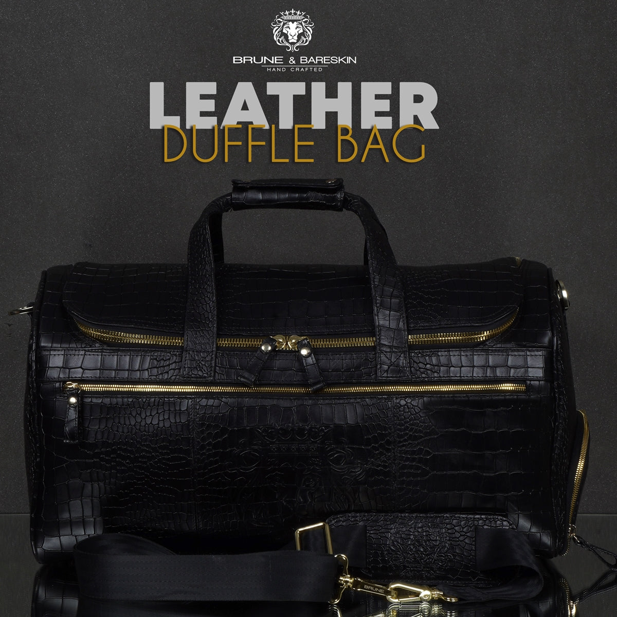 SSW - Carryall Duffle Leather Bag in Crocodile Print Black Noir