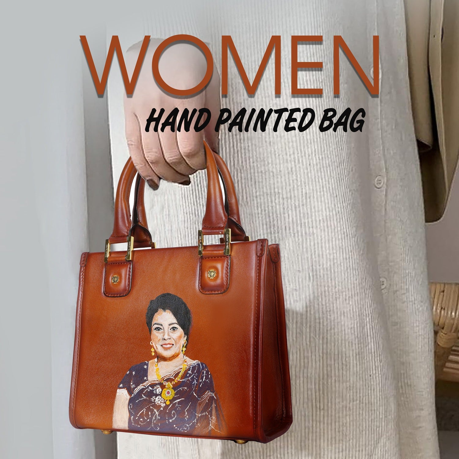 Personalized Hand-Painted Portrait Small Sized Tan Handbag