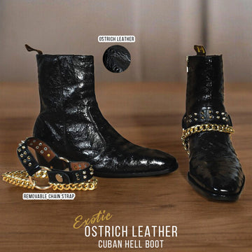 Exotic Black Ostrich Leather Cuban Boots with Removable Chain