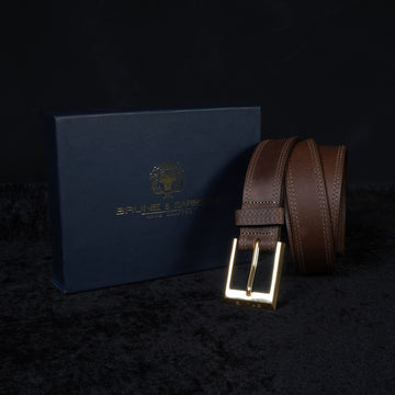 Double Stitched Detailing Belt in Genuine Brown Leather