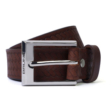 Woven Detailing Brown Leather Belt with Silver Finish Square Buckle
