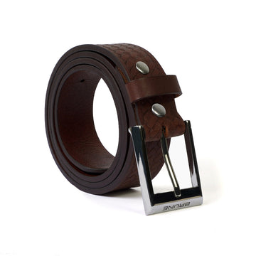 Woven Detailing Brown Leather Belt with Silver Finish Square Buckle