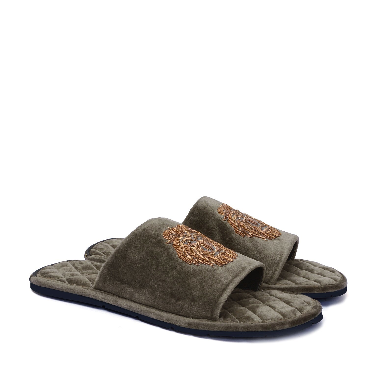 Grey Quilted Base Lion Zardosi Men Velvet Slide In Slippers By Brune & Bareskin