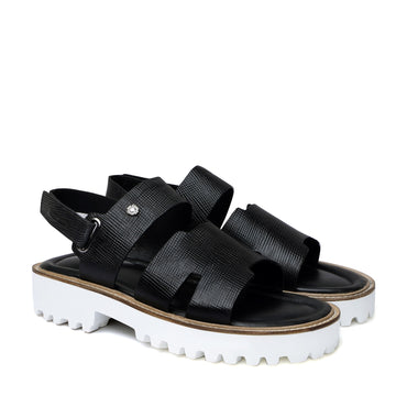 Light Weight Chunky Sole Sandal in Saffiano Black Leather