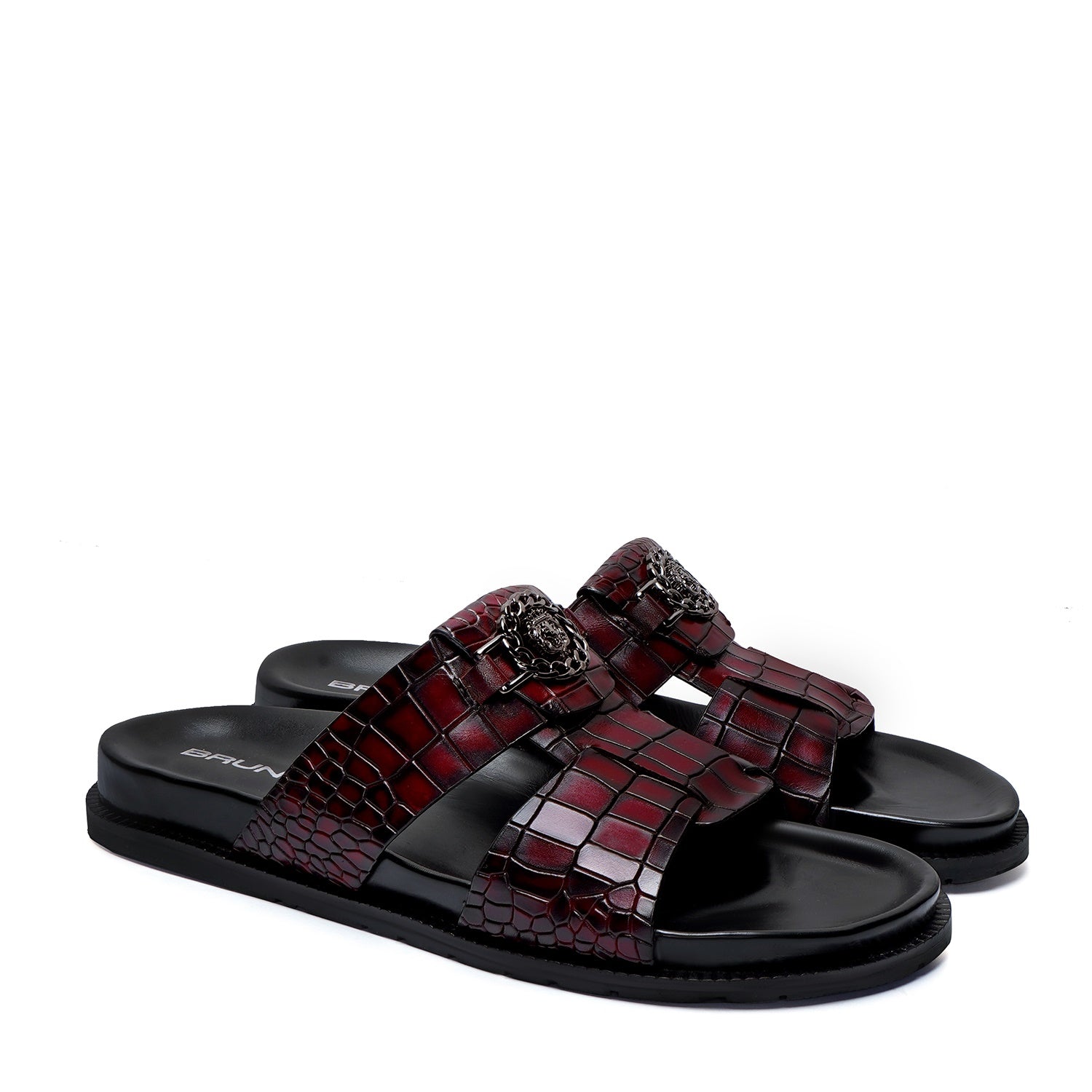 Pass Through Broader Toe Strap Leather Slippers in Wine Leather