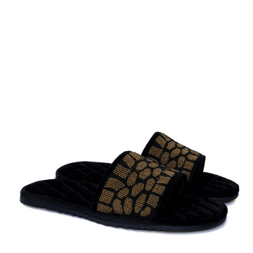 Leopard Styled Zardosi Strap Quilted Super Soft Base Velvet Slide-in Slippers By Brune & Bareskin