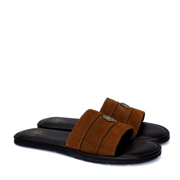 Contrasting Strap Slide-in Slippers with Orange Suede Leather by BRUNE & BARESKIN