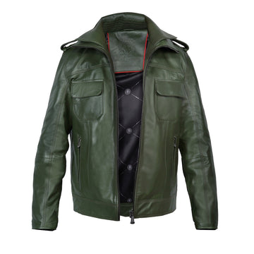 Double Collar Slim-Fit Multi Pockets Men's Green Leather Jacket By Brune & Bareskin