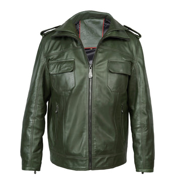 Double Collar Slim-Fit Multi Pockets Men's Green Leather Jacket By Brune & Bareskin