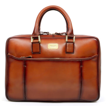 Tan Leather Laptop Briefcase Bag with Double Zipper Compartment