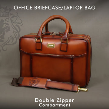 Tan Leather Laptop Briefcase Bag with Double Zipper Compartment