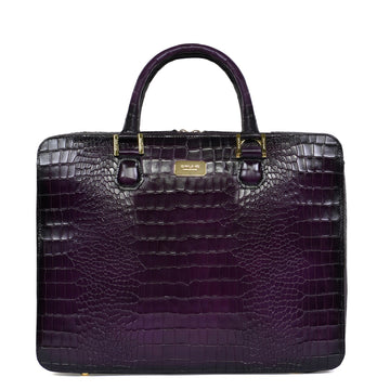 Purple Leather Office Briefcase with Organizer Compartment