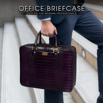 Purple Leather Office Briefcase with Organizer Compartment