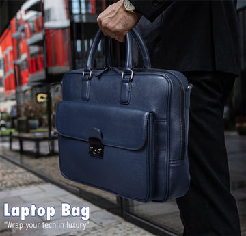 Organized Laptop/Office Briefcase in Textured Navy Blue Leather