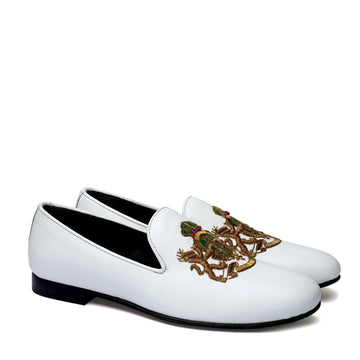 Green Accent Golden Zardosi Slip-On Shoe in Royal Crown Lion Crest White Leather