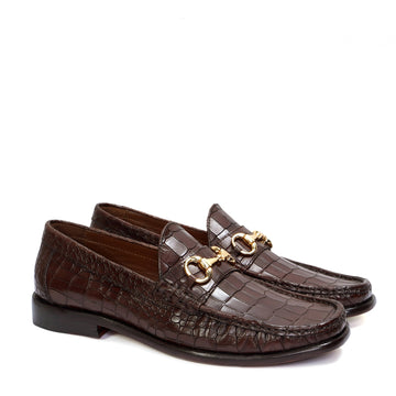 Dark Brown Leather Loafers in Croco Textured