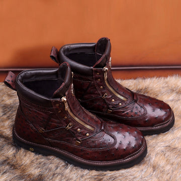 Real Ostrich Chunky Boot In Tobacco Dark Brown With Metal Plate On Toe