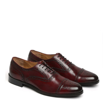 Wine Full Brogue Cap Toe Leather Oxfords by BRUNE