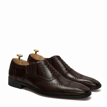 Fixed Lace-Up Lazy Man Formal Shoes in Dark Brown Leather with Stylish Wingtip Punching Brogue Design