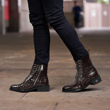 Dark Brown High Ankle Boot in Exotic Real Ostrich Leather