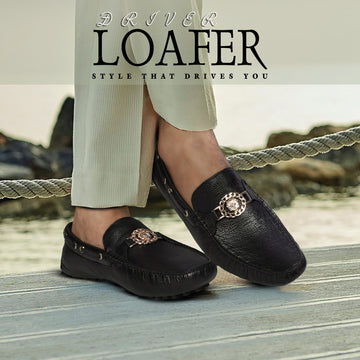 Textured Leather Nubs Driver Sole Loafer in Black Color