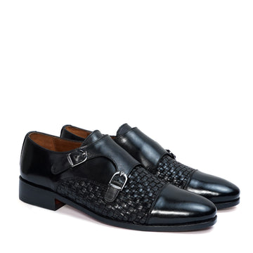 Black Double Monk Leather Shoe Woven Detailed Vamp to Quarter By Brune & Bareskin