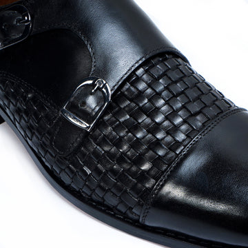 Black Double Monk Leather Shoe Woven Detailed Vamp to Quarter By Brune & Bareskin