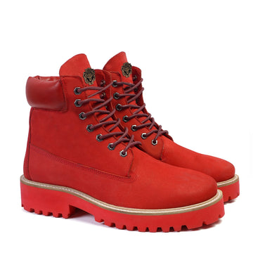 Light-Weight Red Chunky Nubuck Boot with Red Sole