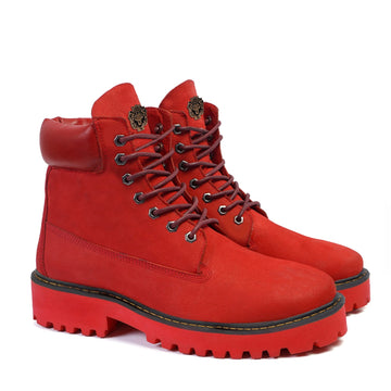 Light-Weight Red Chunky Nubuck Boot with Red Sole