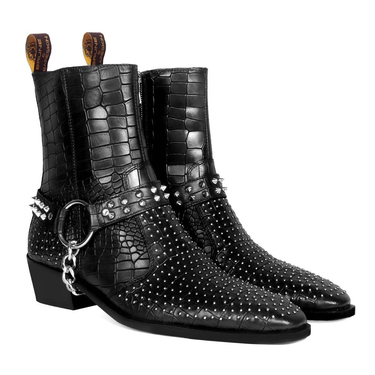 Metal Studded Black Cuban Heel Boots with Strap in Deep Cut Leather