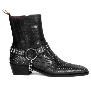 Metal Studded Black Cuban Heel Boots with Strap in Deep Cut Leather