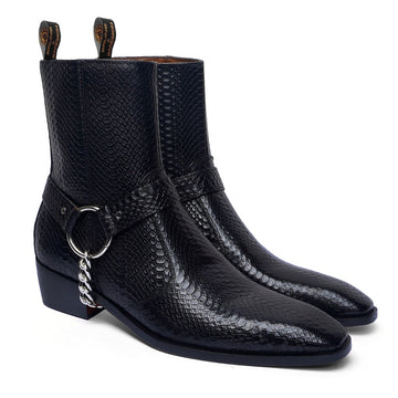 Cuban Boot Black Snake Skin Textured Leather