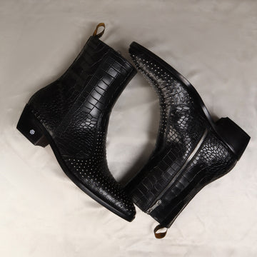 Metal Fleck High Ankle Stitched Black Boot in Deep Cut Leather with Cuban Heel Zip Closure By Brune & Bareskin