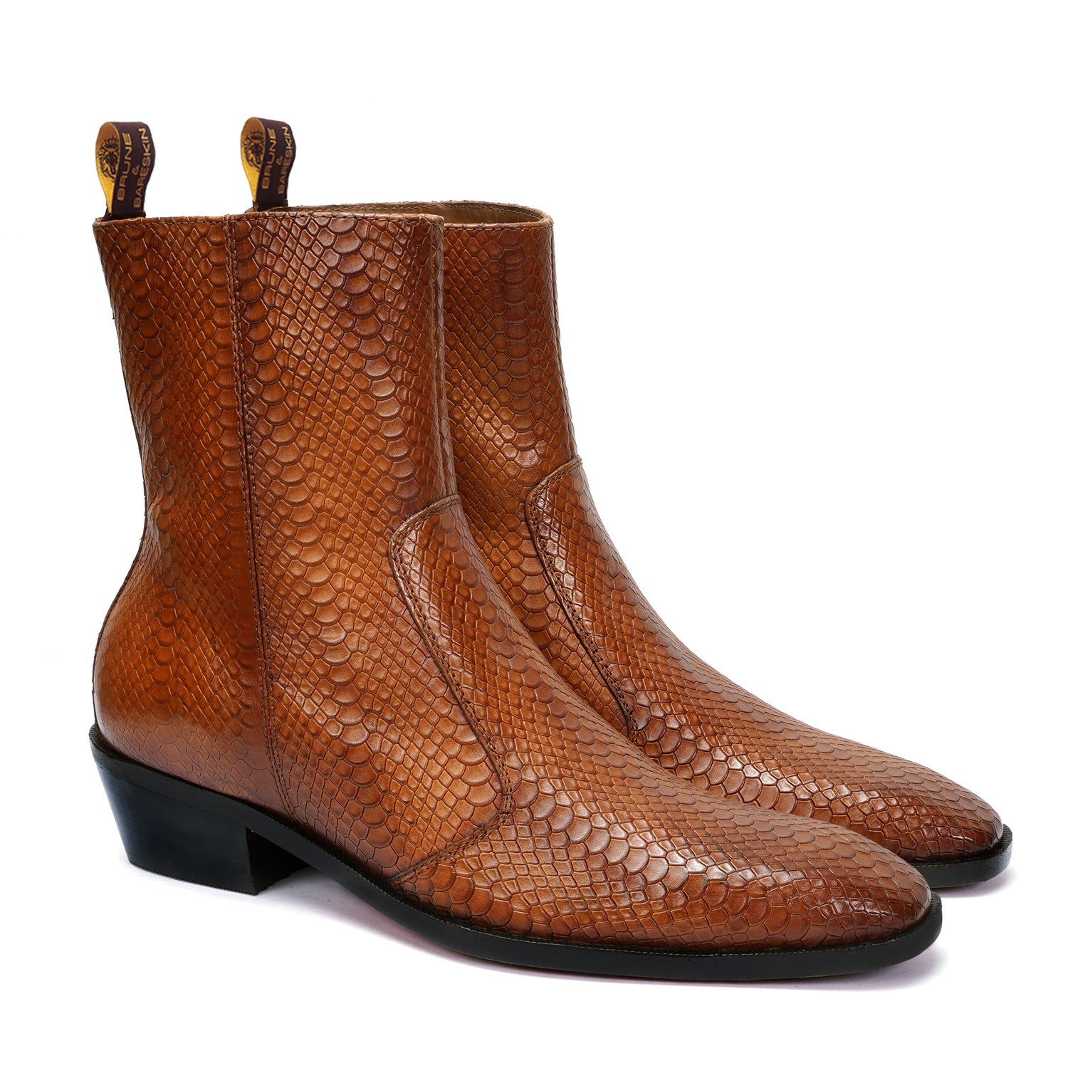 Snake Skin Textured Leather Cuban Boots in Tan Color