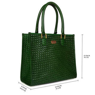 Woven Detailing Green Genuine Leather Handbag