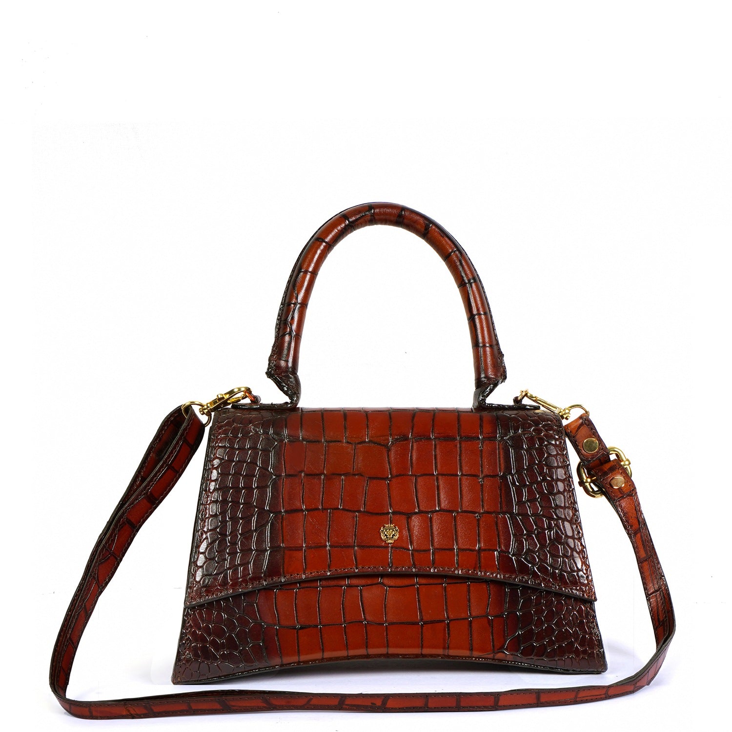 Curvy Base Croco Embossed Tan-Brown Leather Handbag