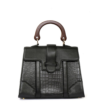 Elegant Large Black Croco Textured Leather Handbag with Wooden Handle