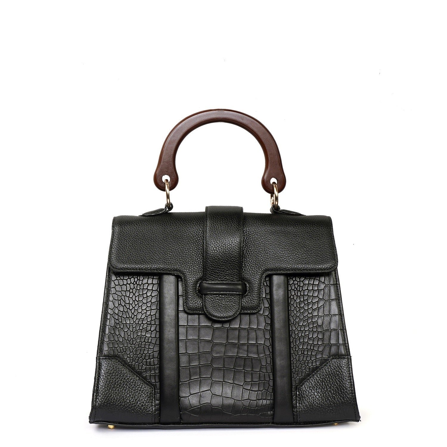 Elegant Black Croco Textured Leather Handbag with Wooden Handle