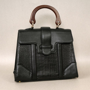 Elegant Black Croco Textured Leather Handbag with Wooden Handle