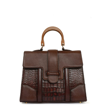 Medium Brown Croco and Pebbled Textured Leather Handbag with Wooden Handle