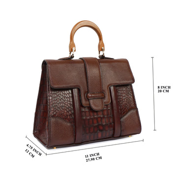 Medium Brown Croco and Pebbled Textured Leather Handbag with Wooden Handle